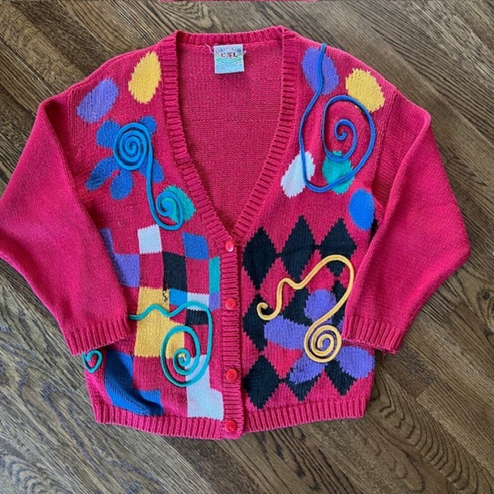 VTG 80s CSL Cherry Stix Ltd Knit Cardigan Sweater Womens M Colorful Geometric